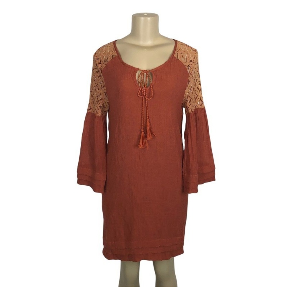 Entro Rust Lace Trim Bell Sleeve Gauze Boho Mini Dress Medium Hippie Festival